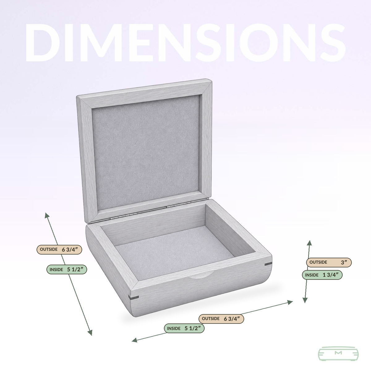 Square trinket box dimensions: outside 6 3/4 x 6 3/4 x 3 inches, inside 5 1/2 x 5 1/2 x 1 3/4 inches