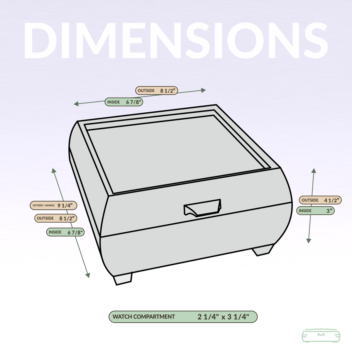 Wooden watch box dimensions: outside 8 1/2 x 8 1/2 x 4 1/2 inches, six watch compartments 2 1/4 x 3 1/4 inches