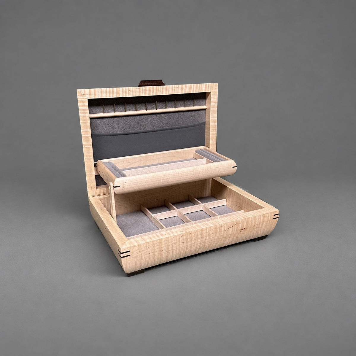 Elegance jewelry box in curly maple with curly maple lid, open showing lift-out tray