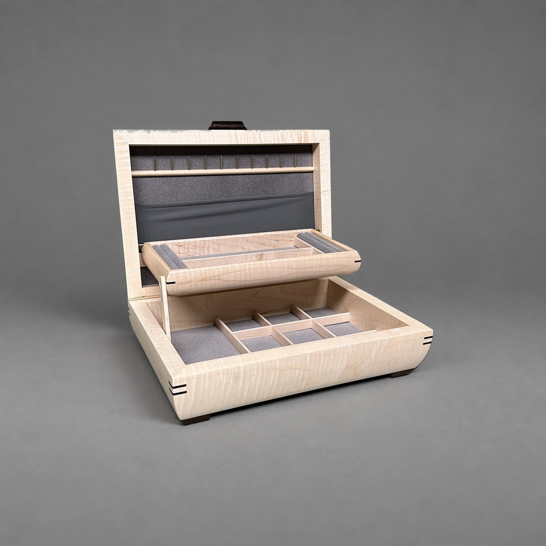 Elegance jewelry box curly maple with walnut lid, closed