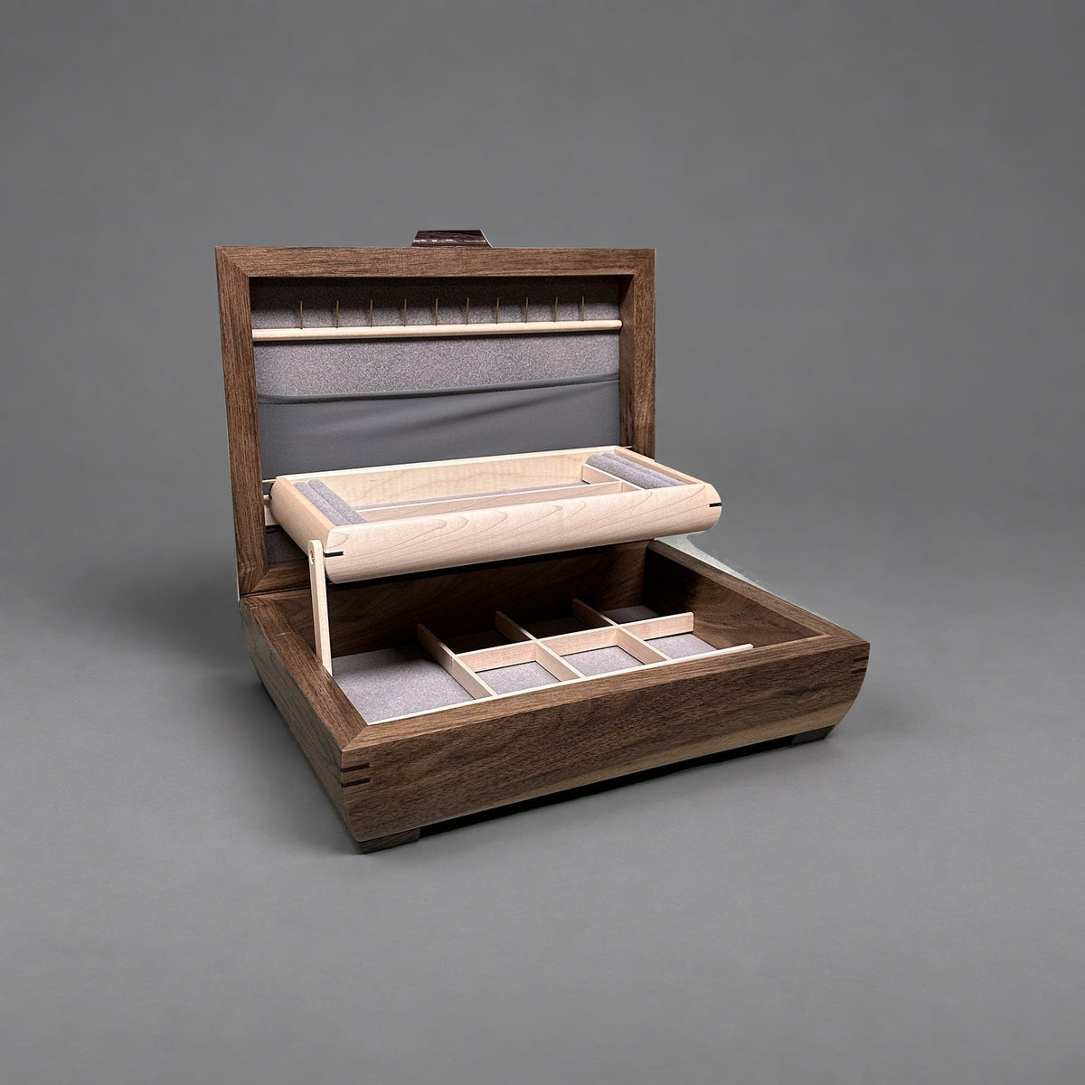 Elegance jewelry box in walnut with curly maple lid, open showing lift-out tray