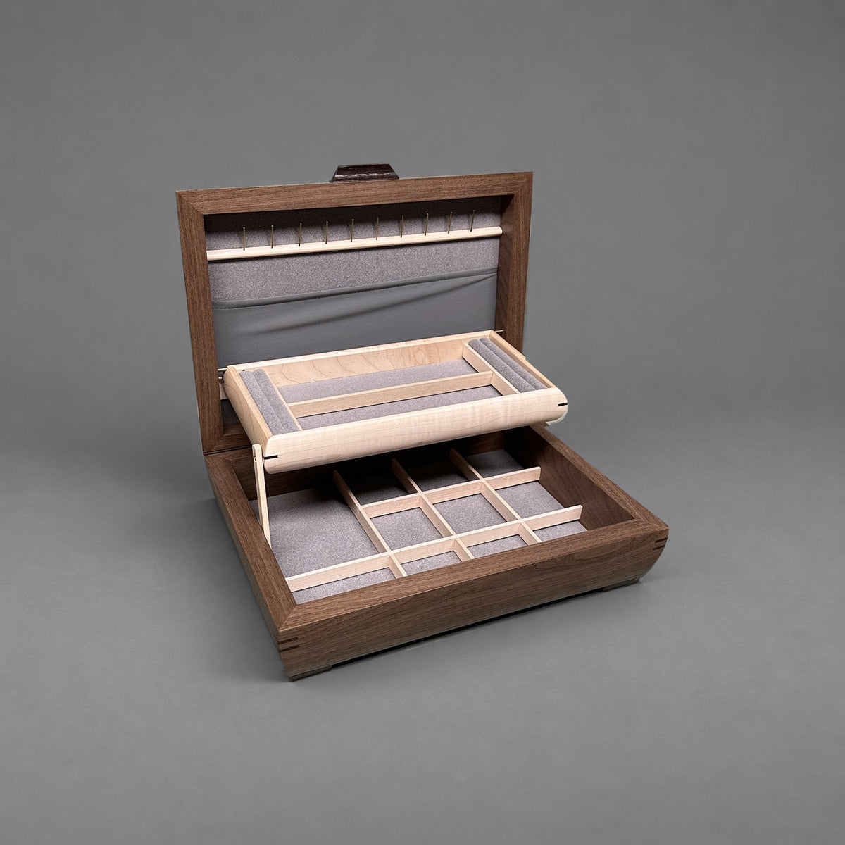 Elegance jewelry box in walnut with walnut lid, open showing lift-out tray