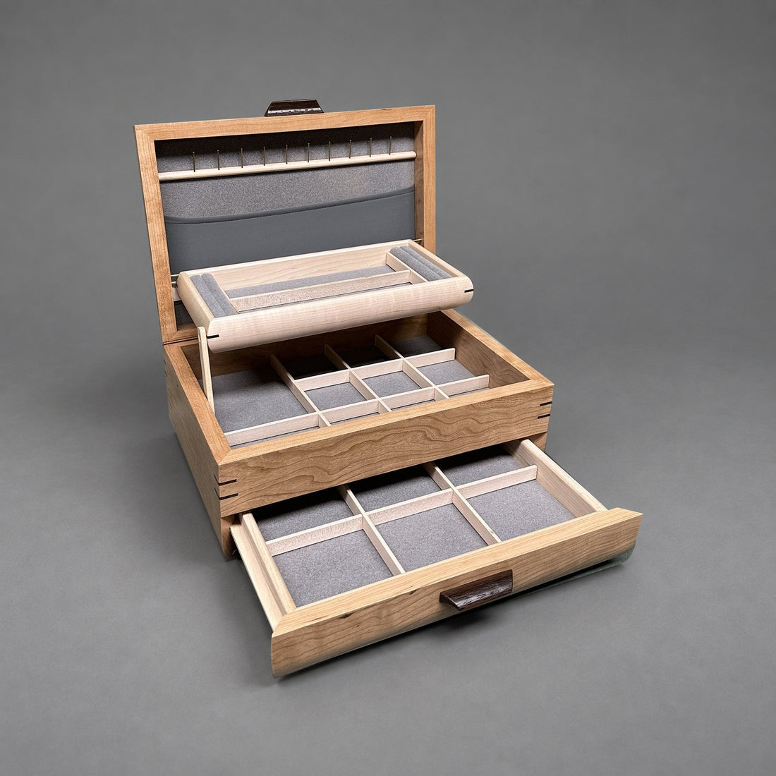 Sophisticated Jewelry Chest cherry with curly maple lid, closed