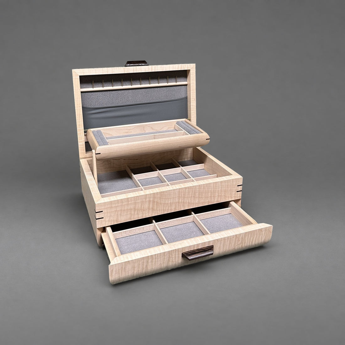 Sophisticated Jewelry Chest curly maple with curly maple lid, closed