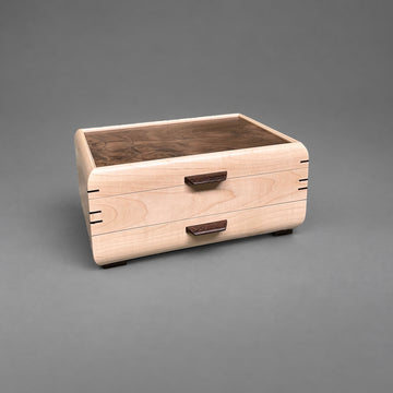 Sophisticated Jewelry Chest curly maple with walnut lid, closed