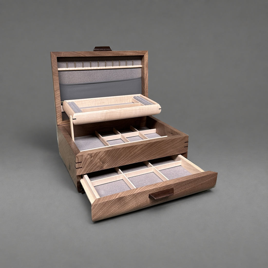Sophisticated Jewelry Chest walnut with curly maple lid, closed