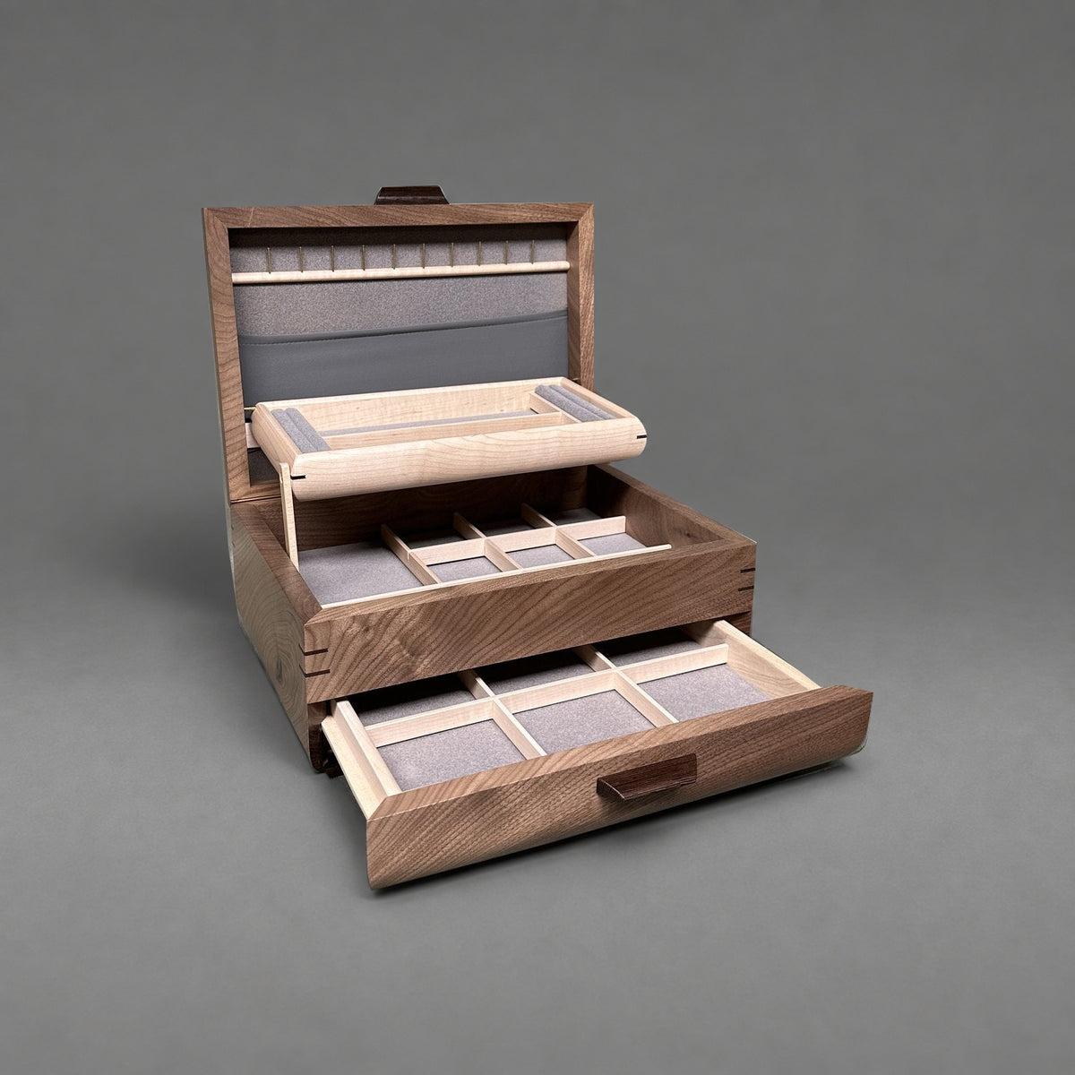 Sophisticated Jewelry Chest in walnut with curly maple lid, open showing lift-out tray and full-width drawer