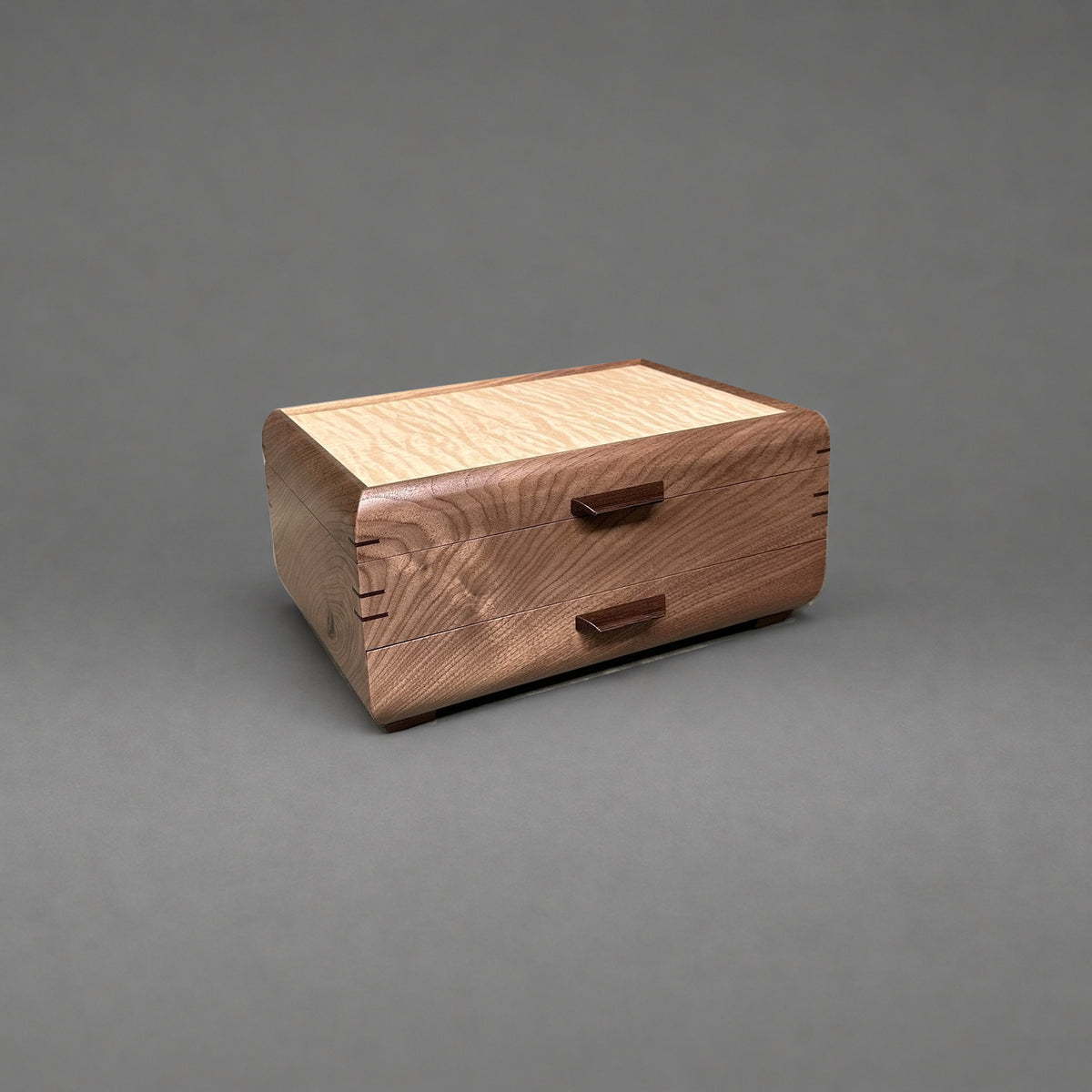 Sophisticated Jewelry Chest walnut with curly maple lid, closed