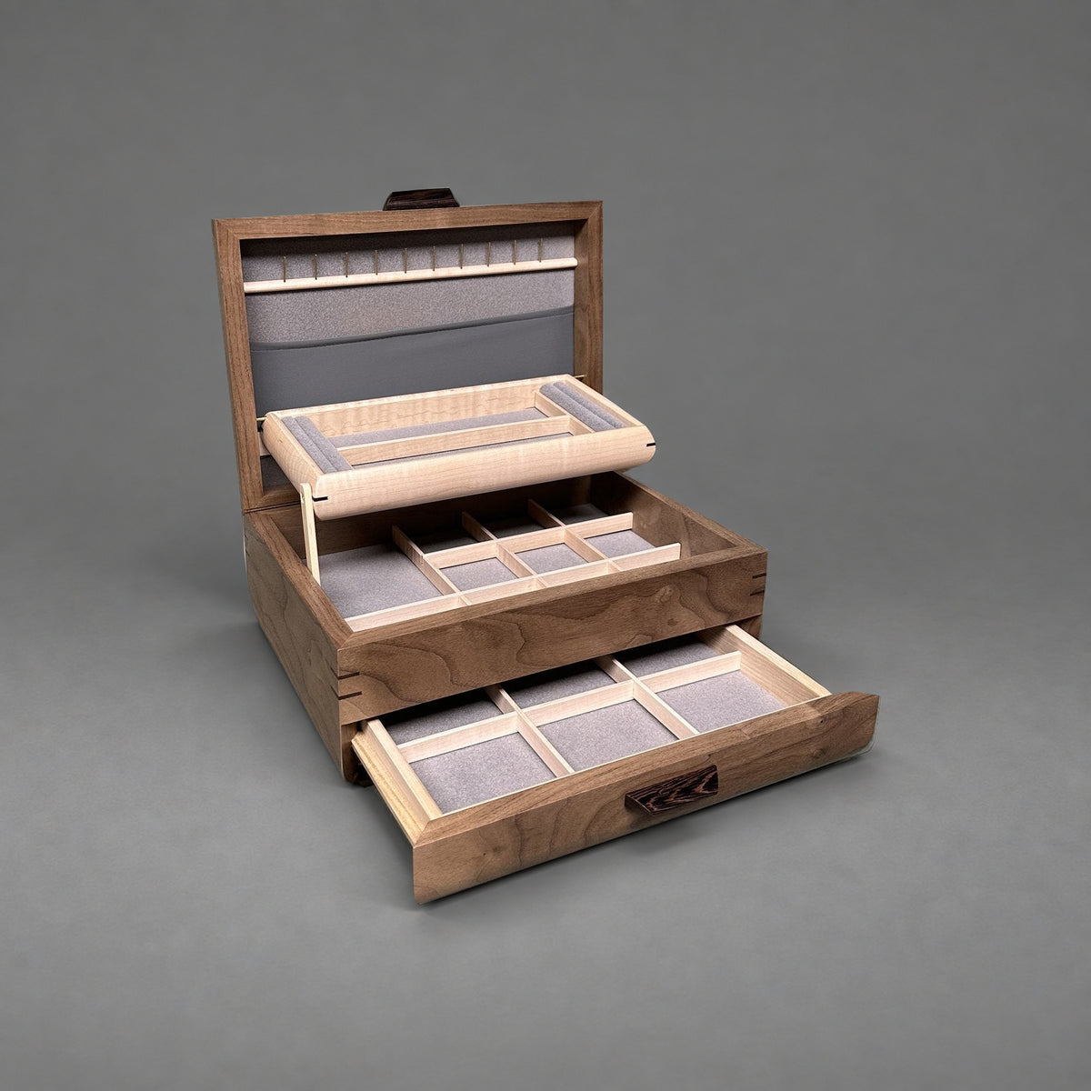 Sophisticated Jewelry Chest in walnut with walnut lid, open showing lift-out tray and full-width drawer