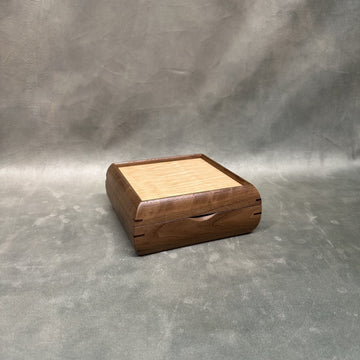 Square Trinket Box walnut with curly maple lid, closed
