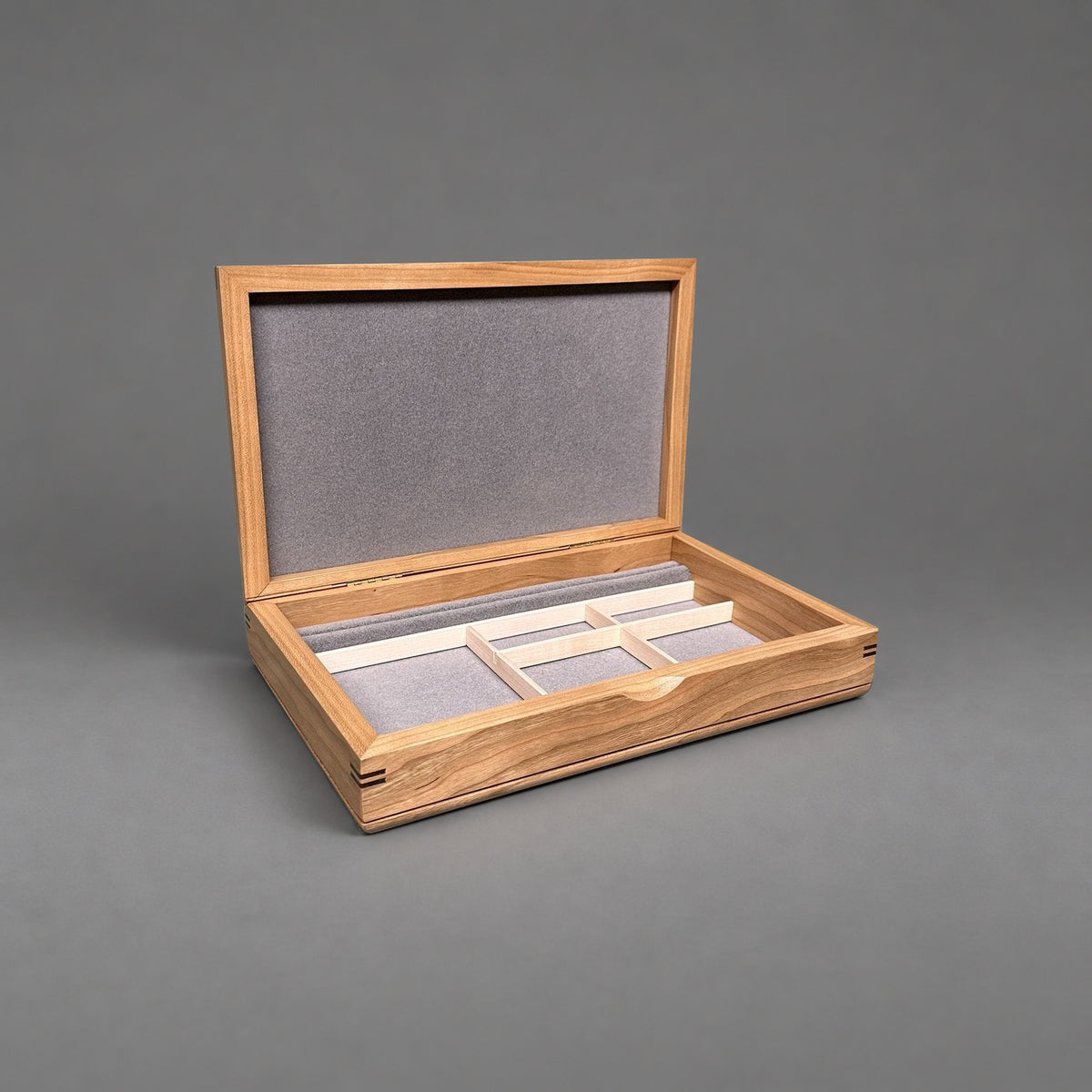 Large Valet Box in cherry with walnut lid, open showing fitted lined interior