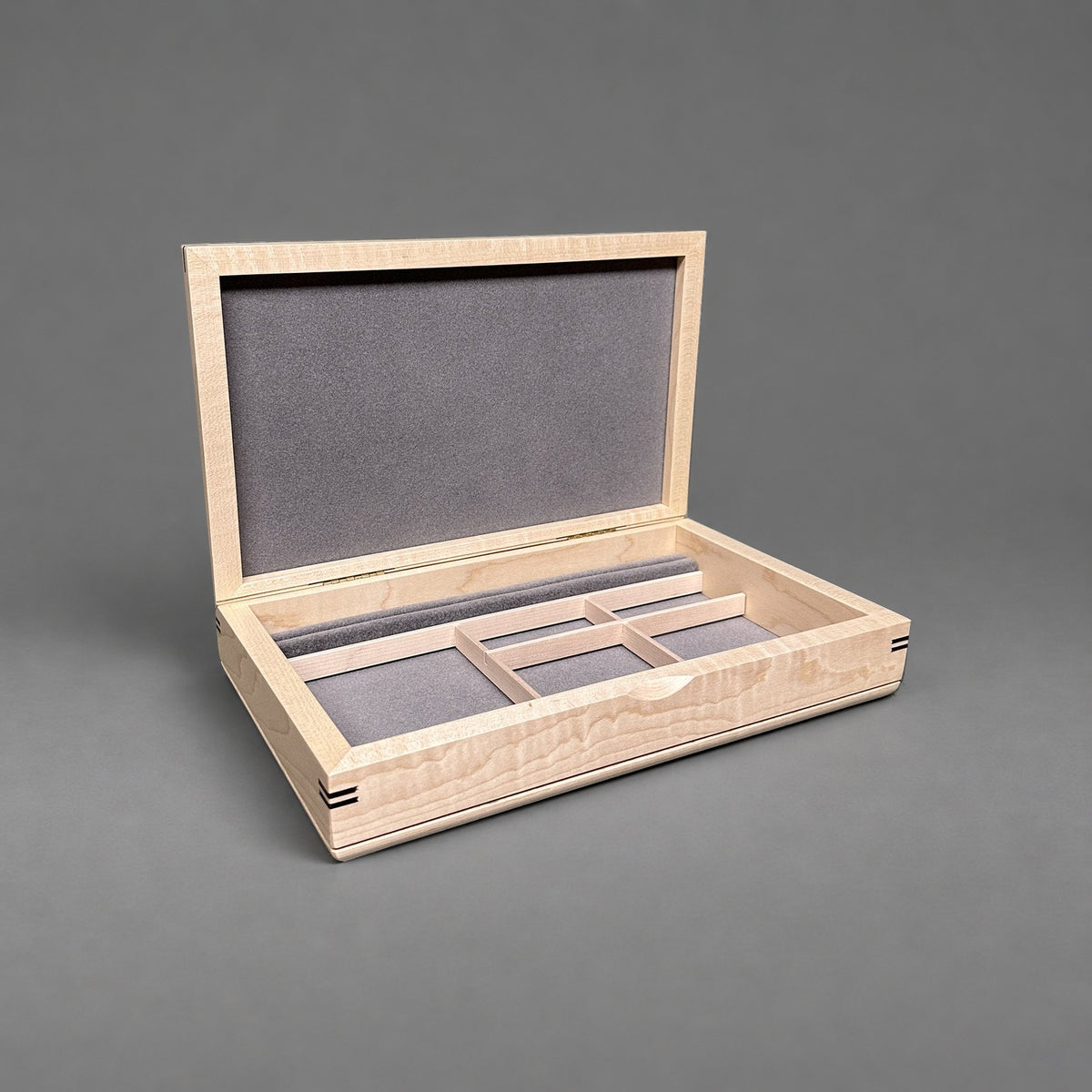 Large Valet Box in curly maple with curly maple lid, open showing fitted lined interior