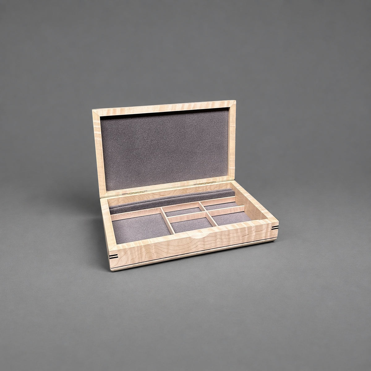 Large Valet Box in curly maple with walnut lid, open showing fitted lined interior