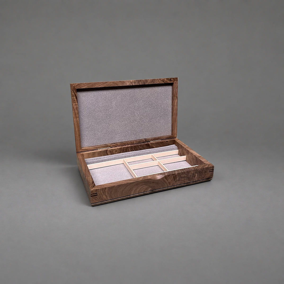 Large Valet Box in walnut with curly maple lid, open showing fitted lined interior
