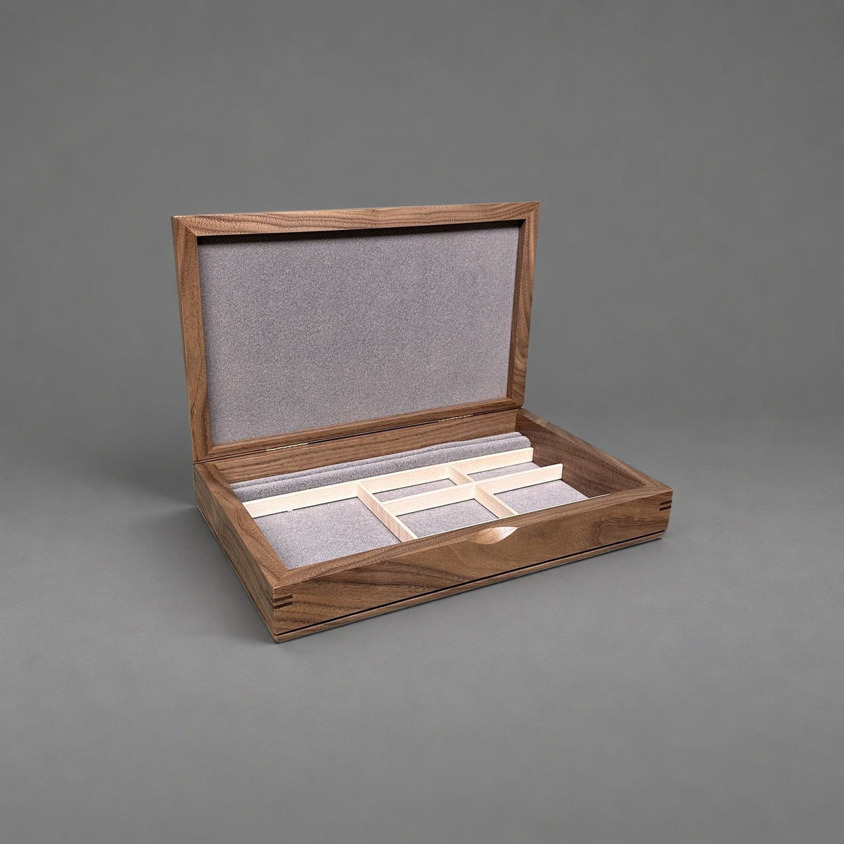 Large Valet Box in walnut with walnut lid, open showing fitted lined interior