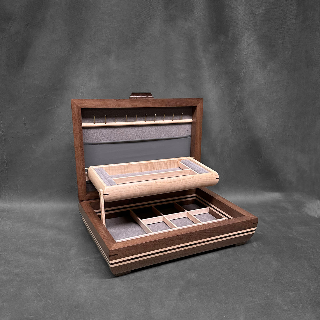 Signature Elegance Jewelry Box Walnut with Walnut Lid Curly Maple with Wenge Stripes