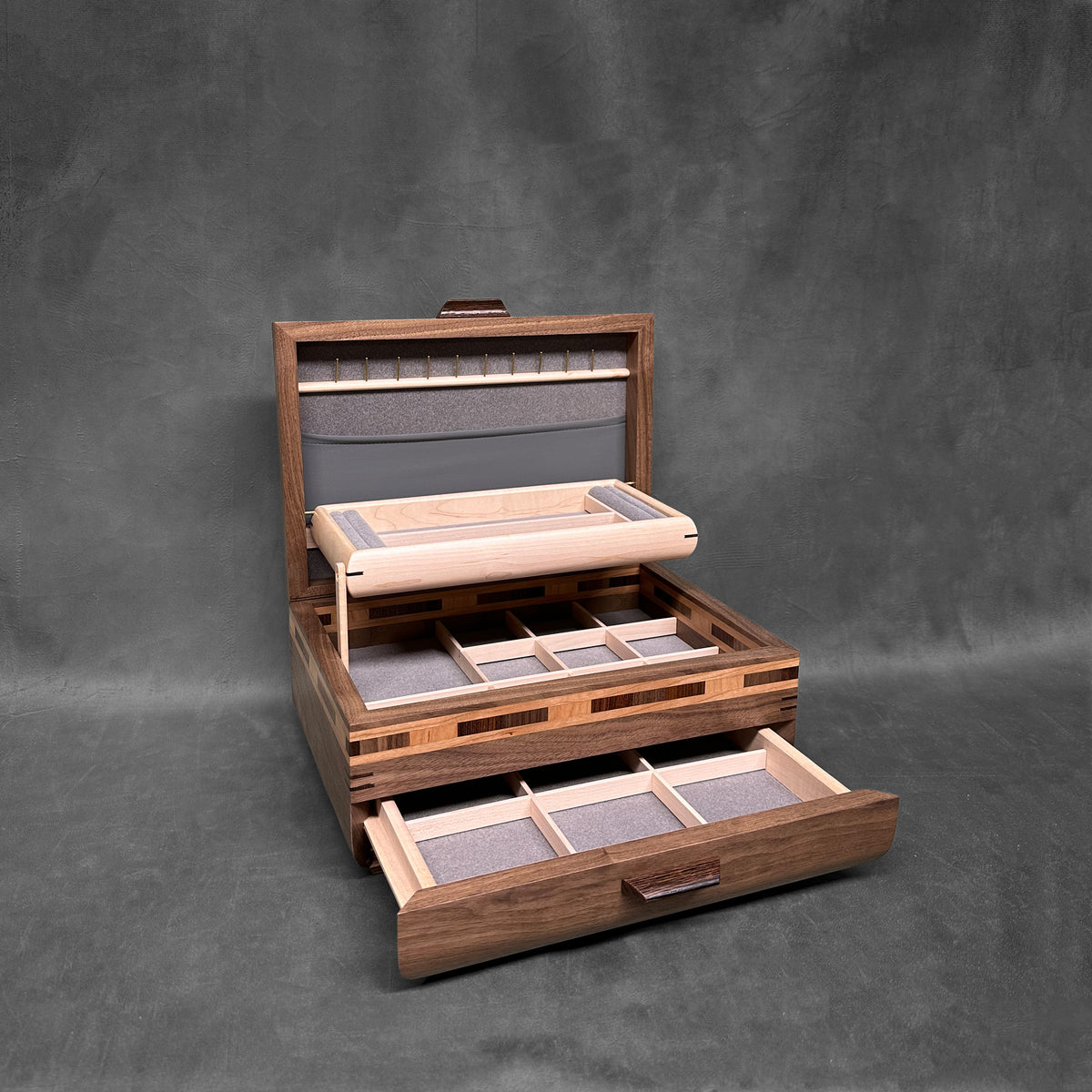Signature Sophisticated Jewelry Chest Walnut with Walnut Lid Long Check in Cherry, Walnut, Bolivian Rosewood and Cherry Stripes