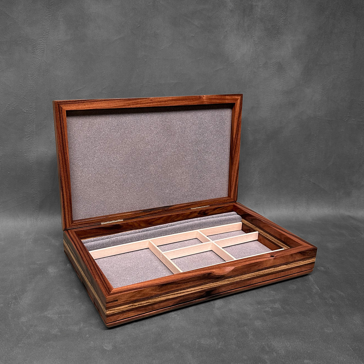 Signature Large Valet Box — Bolivian Rosewood with Tamo Ash lid Wenge and Zebrawood Stripes