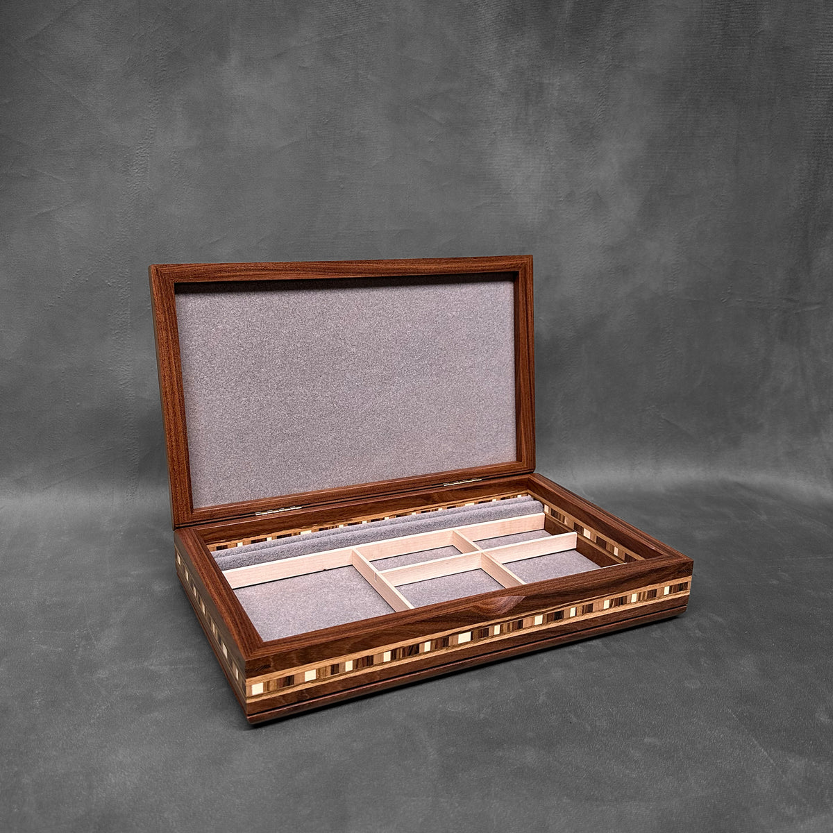 Signature Large Valet Box — Bolivian Rosewood with Tamo Ash lid and Check Inlay