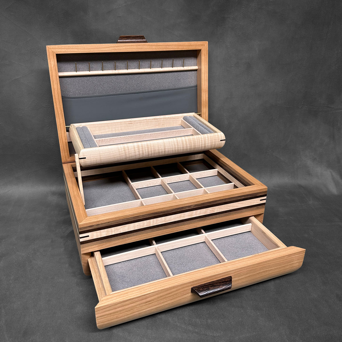 Signature Sophisticated Jewelry Chest Cherry with Curly maple lid Walnut, Wenge and Curly Maple Stripes