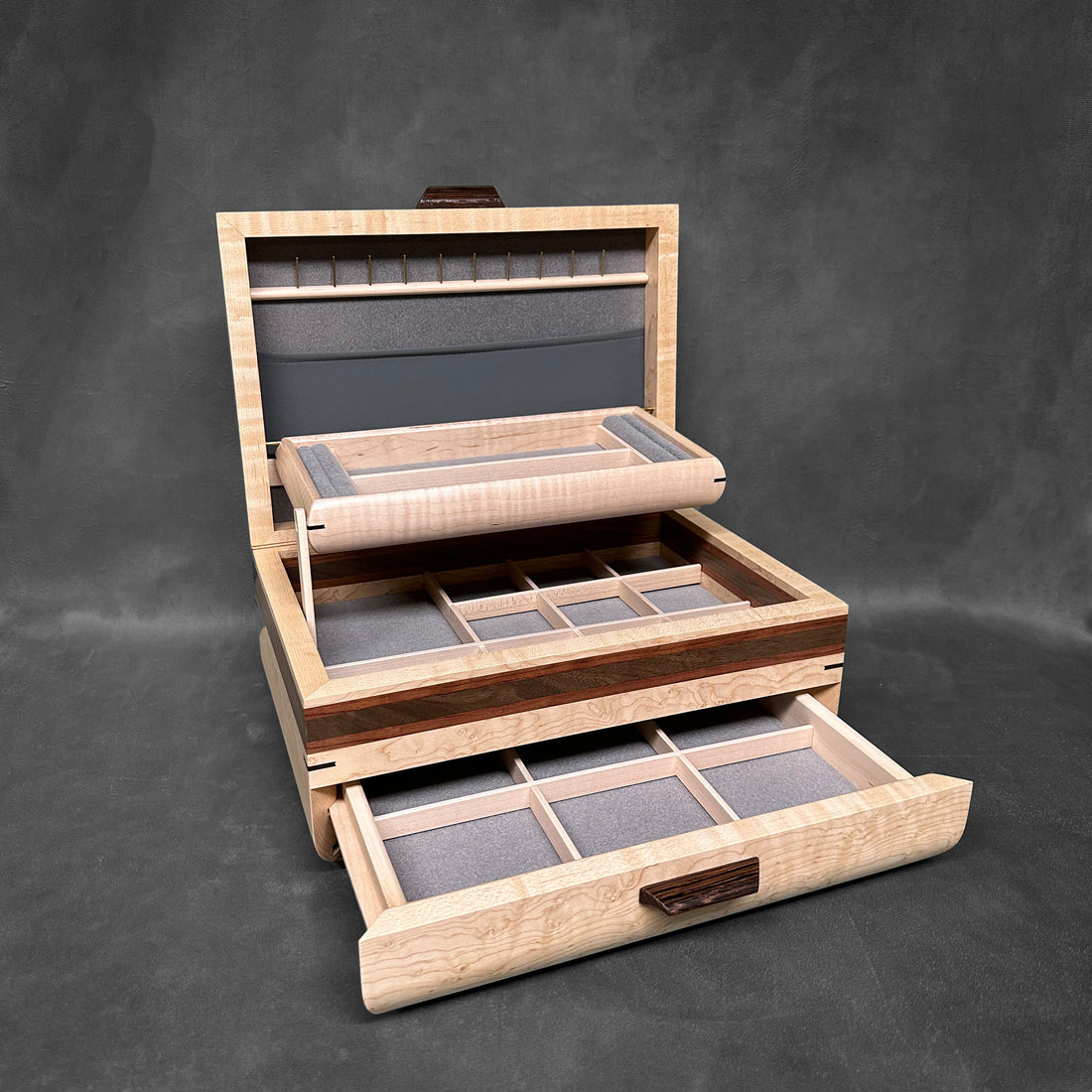 SELECT Sophisticated Jewelry Chest Birdseye Maple with Swirled Walnut Lid Bubinga and Walnut Stripes
