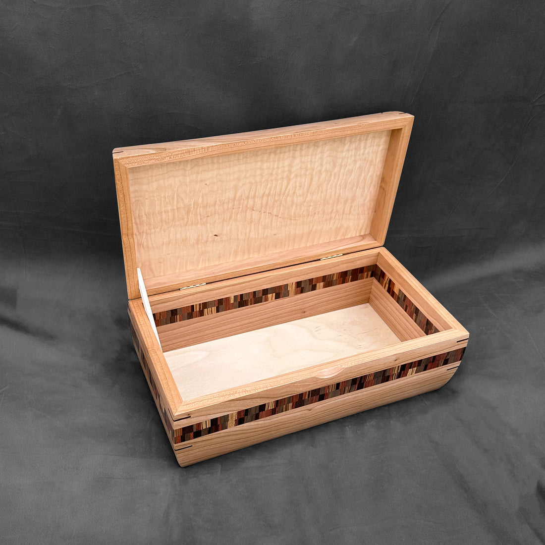 Signature Mini Hope Chest in Cherry with Curly Maple Lid and Double Check Stripe