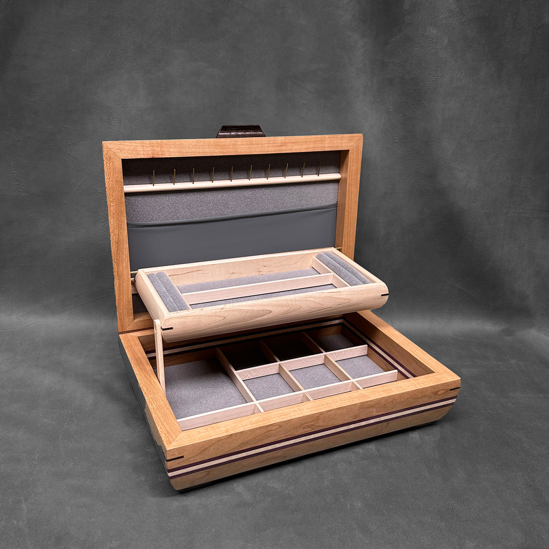 Signature Elegance Jewelry Box Cherry with Curly Maple Lid Purpleheart Curly Maple Stripes