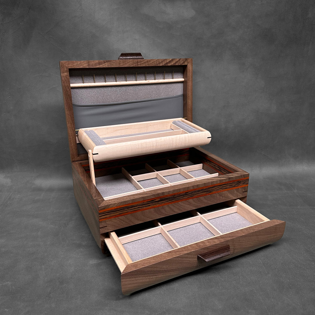 Signature Sophisticated Jewelry Chest Walnut with Padauk Lid Padauk and Wenge Stripes