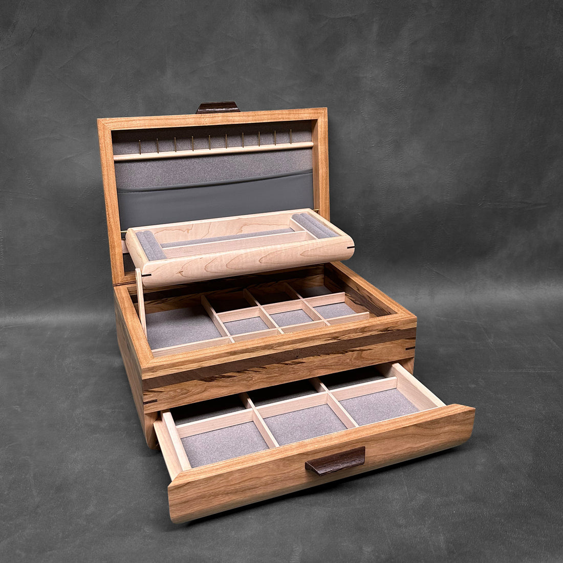 Signature Sophisticated Jewelry Chest Cherry with Walnut lid Zebrawood and Walnut Stripes