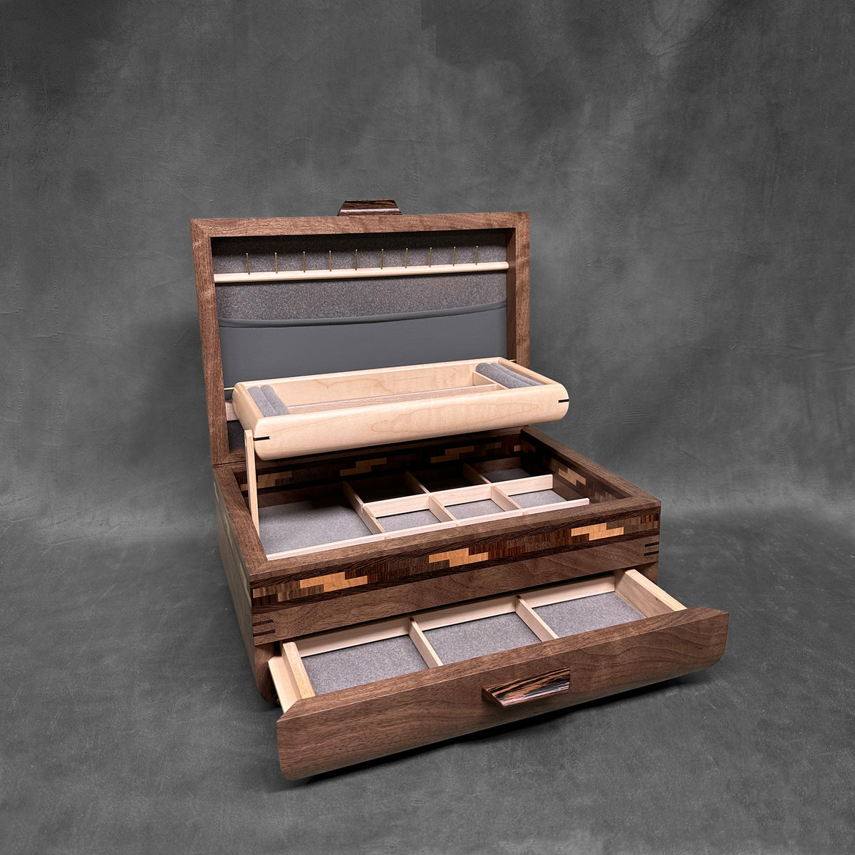 Signature Sophisticated Jewelry Chest Walnut with Walnut Lid Long Double Check in Cherry, Walnut, Bolivian Rosewood and Wenge Stripes