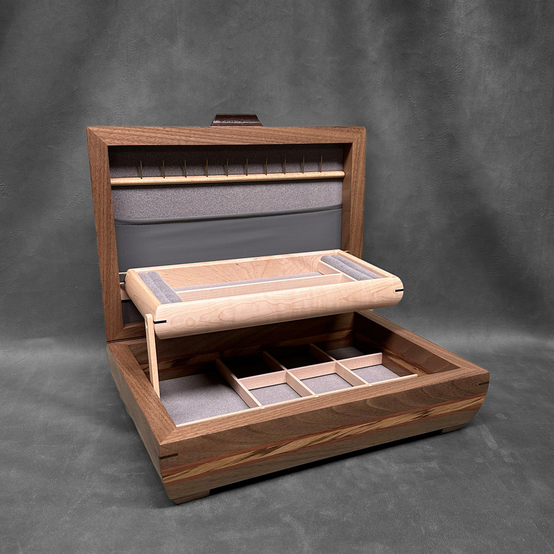 Signature Elegance Jewelry Box Walnut with Tamo Ash Lid Bubinga and Zebrawood Stripe (Copy)