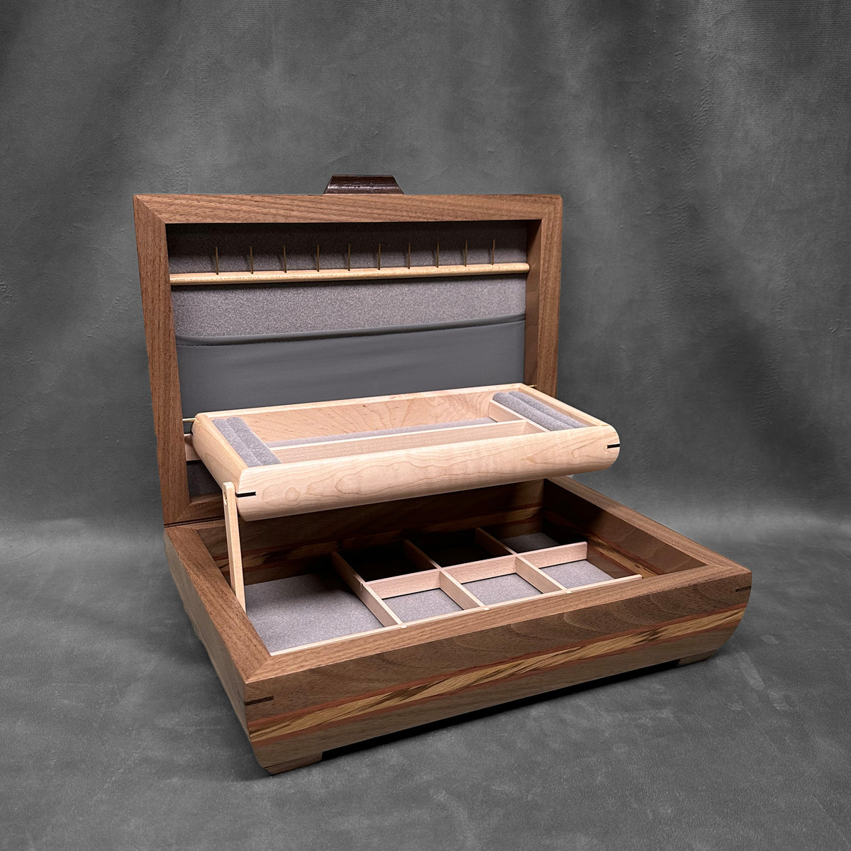 Signature Elegance Jewelry Box Walnut with Tamo Ash Lid Bubinga and Zebrawood Stripe (Copy)