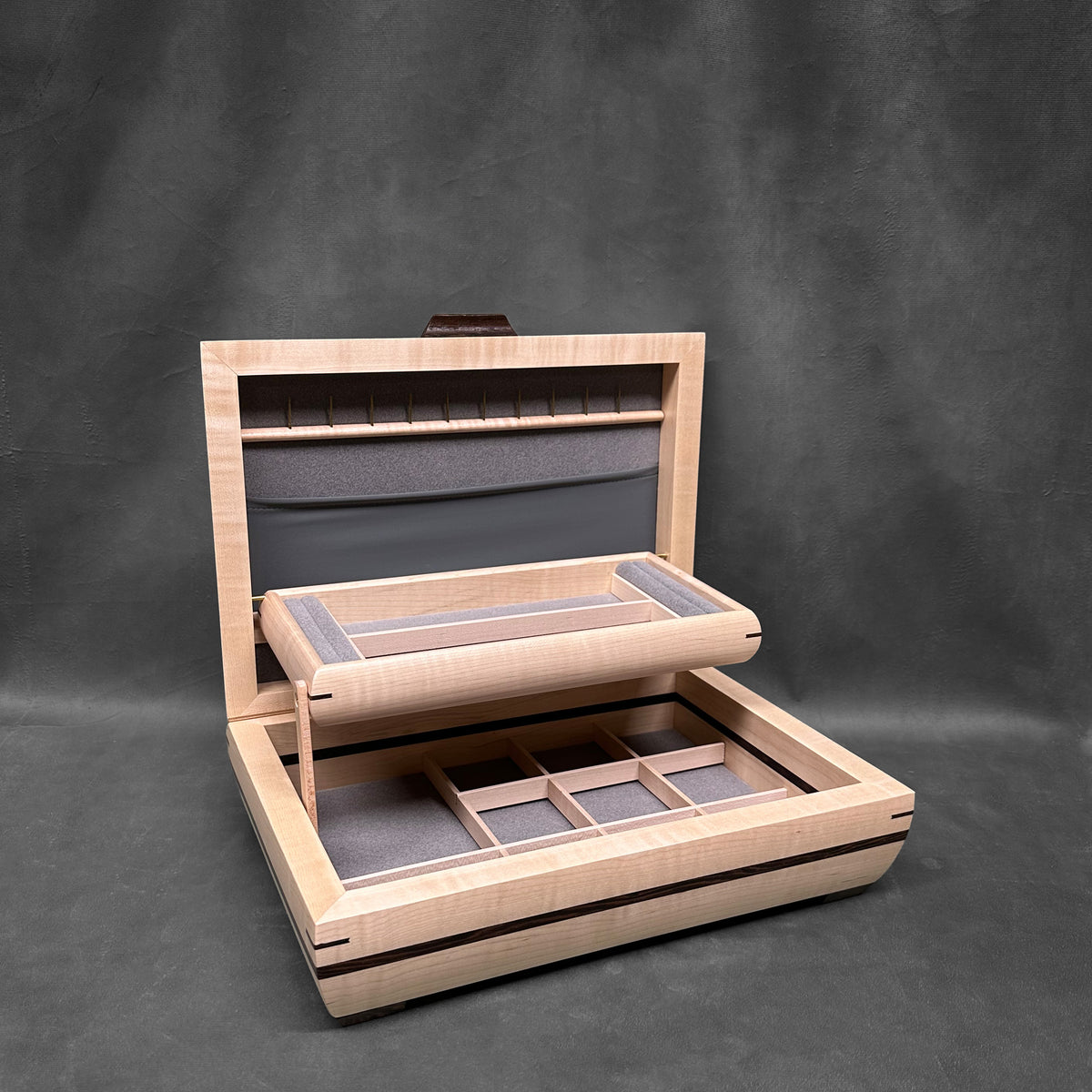 Signature Elegance Jewelry Box Curly Maple with Curly Maple Lid and Wenge Stripe