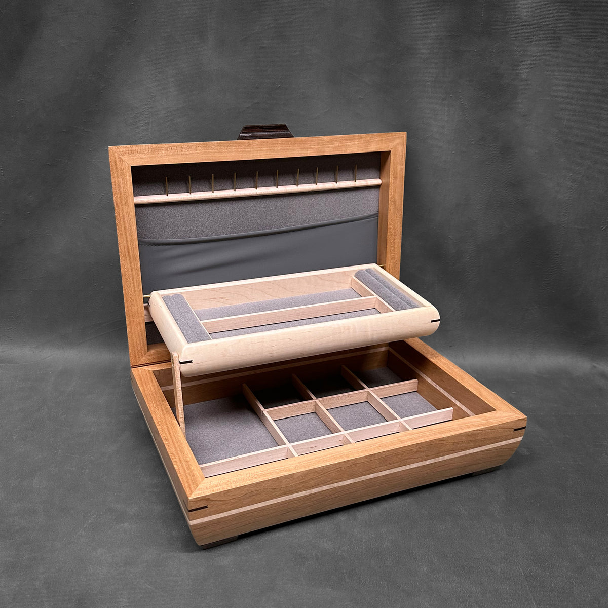 Signature Elegance Jewelry Box Cherry with Curly Maple Lid and Curly Maple Stripe