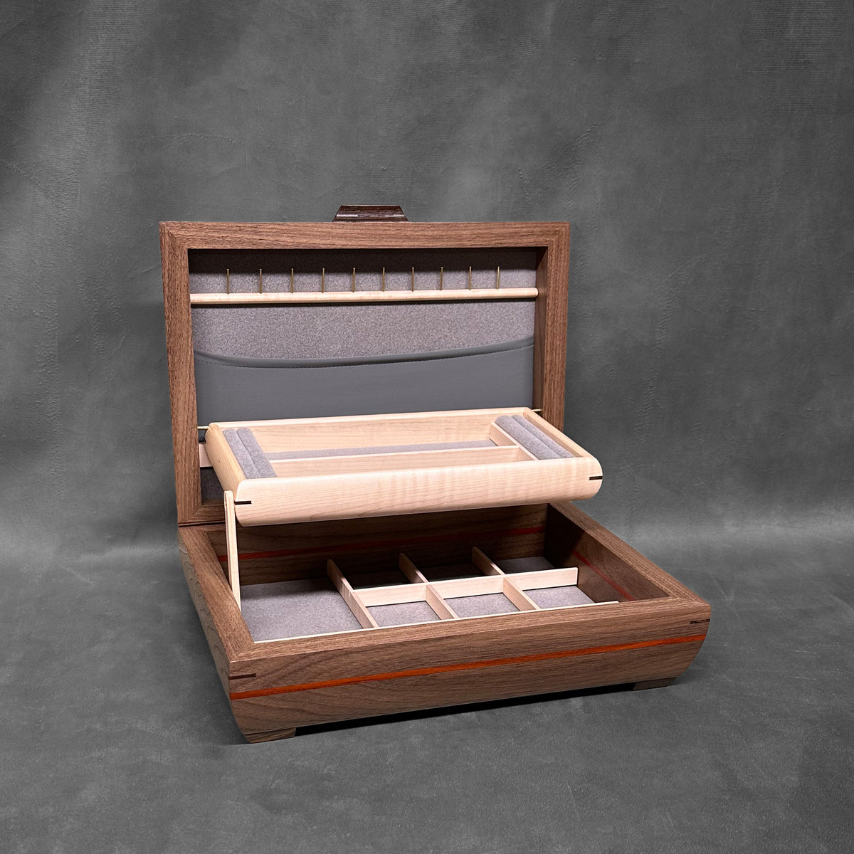Signature Elegance Jewelry Box Walnut with Padauk Lid and Padauk Stripe