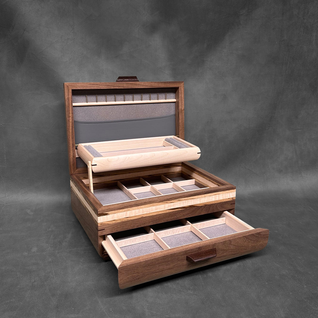 Signature Sophisticated Jewelry Chest Walnut with Zebrawood lid Curly Maple and Zebrawood Stripes