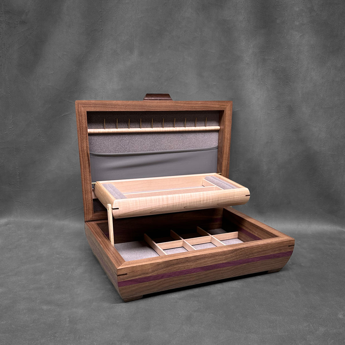 Signature Elegance Jewelry Box Walnut with Purpleheart Lid Purpleheart Stripe #1