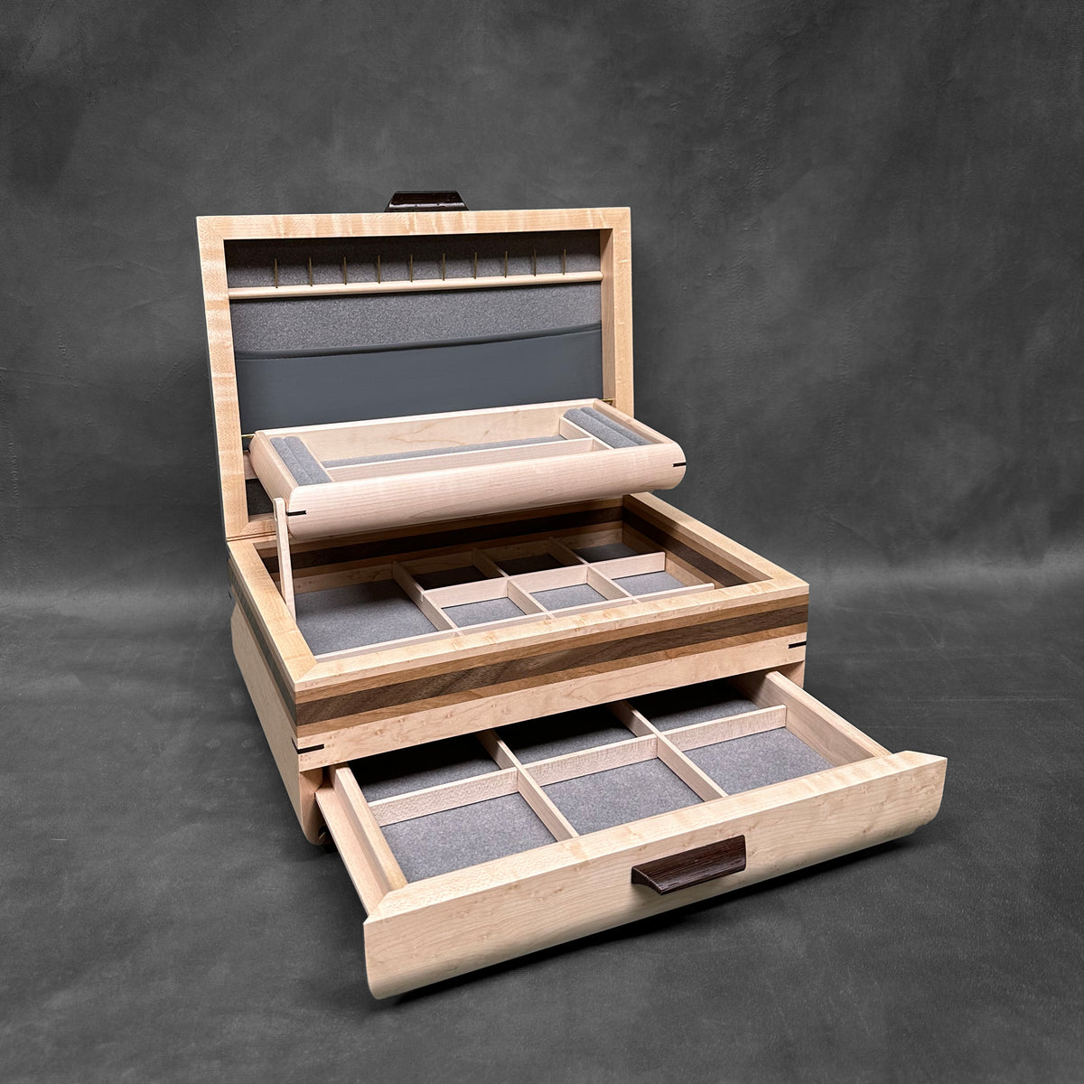 Signature Sophisticated Jewelry Chest Birdseye maple with Walnut Lid Cherry and Walnut Stripes