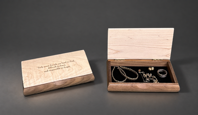Possibility Box small trinket box with engraved lid, closed and open with jewelry