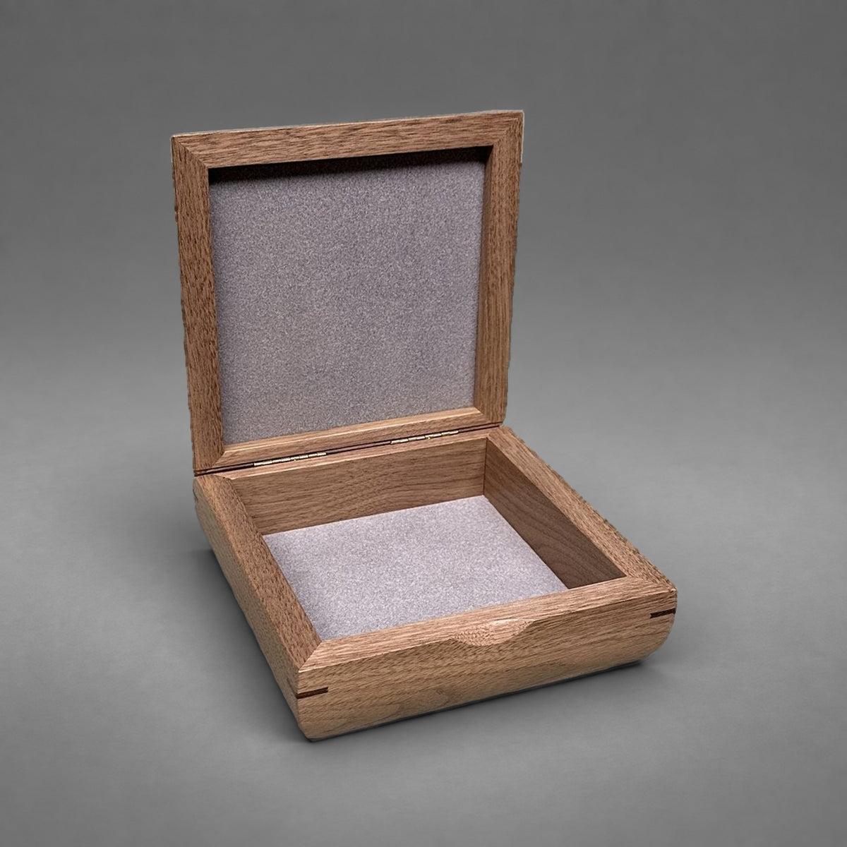 Square Trinket Box in walnut, open showing soft-lined compartment and lined lid