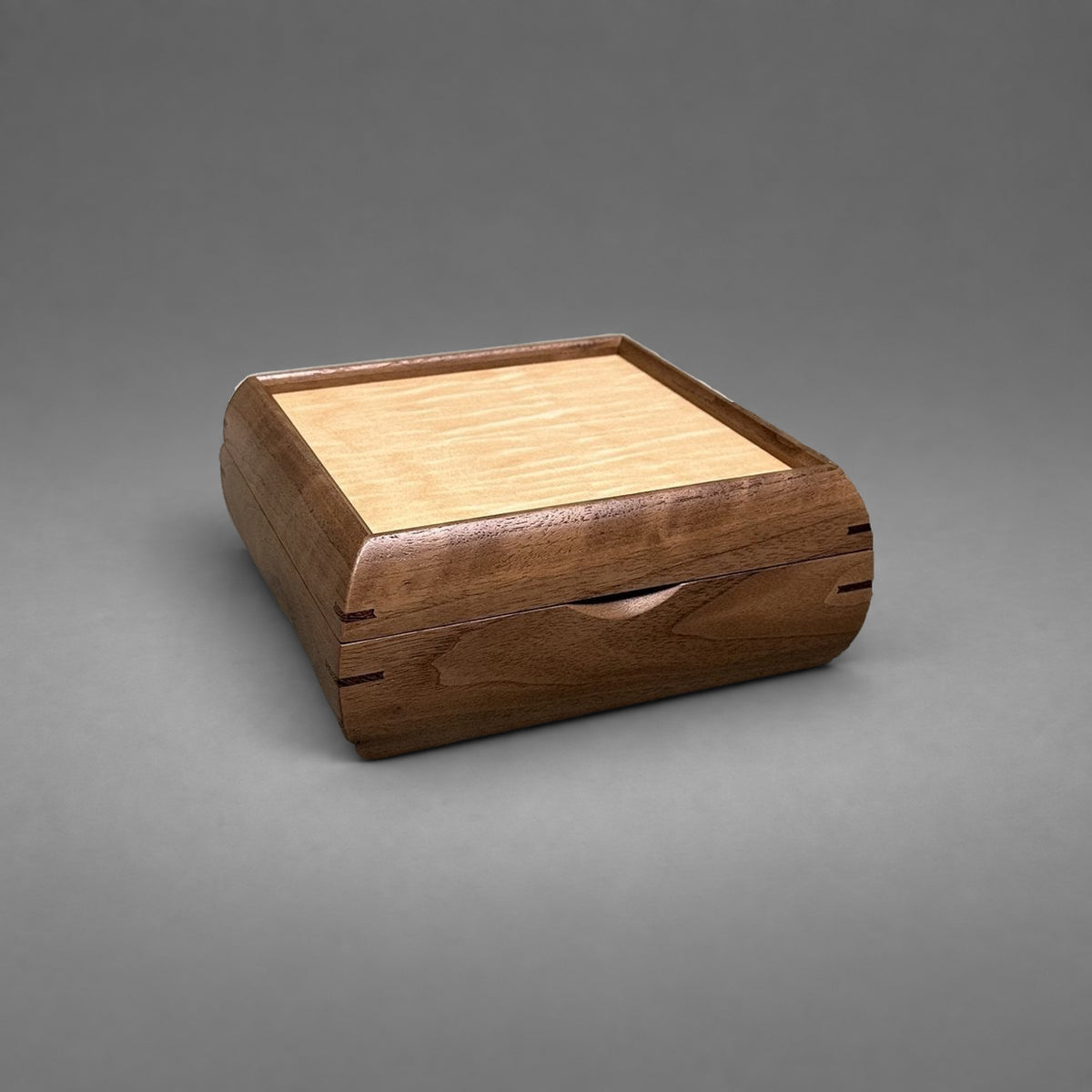 Square Trinket Box walnut with curly maple lid, closed