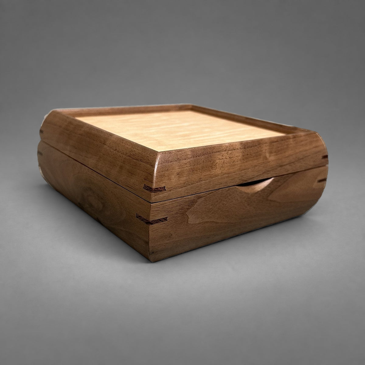 Square Trinket Box walnut with curly maple lid, front detail