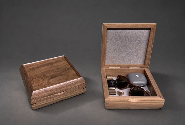 Square Trinket Box in walnut, closed and open with lined interior