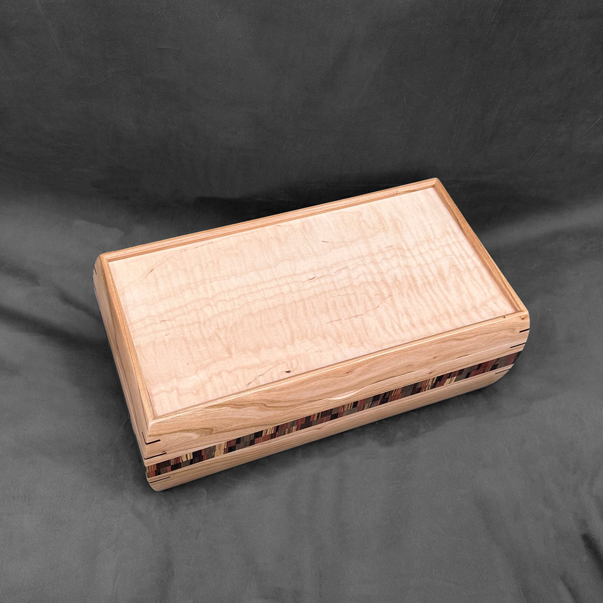 Signature Mini Hope Chest in Cherry with Curly Maple Lid and Double Check Stripe
