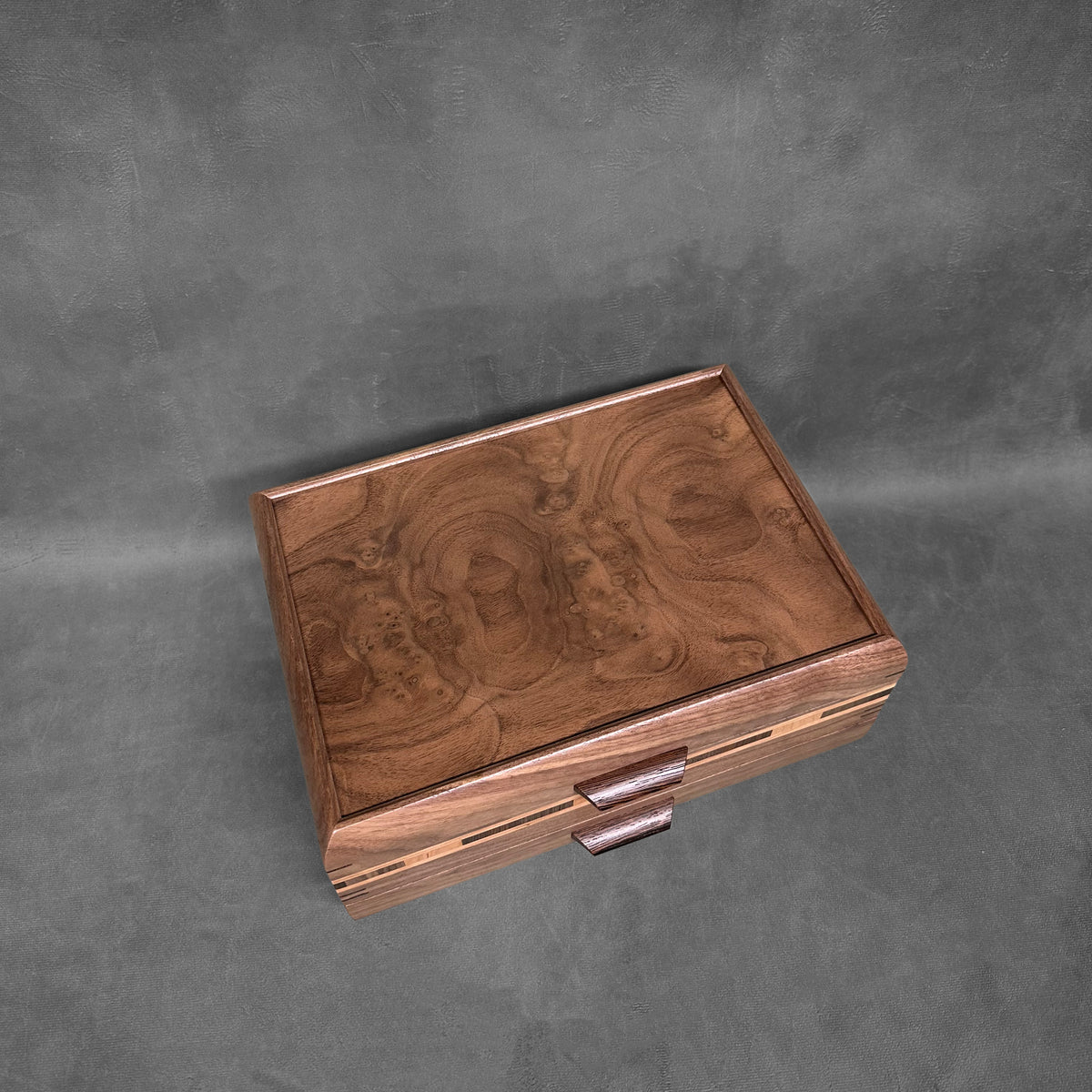 Signature Sophisticated Jewelry Chest Walnut with Walnut Lid Long Check in Cherry, Walnut, Bolivian Rosewood and Cherry Stripes