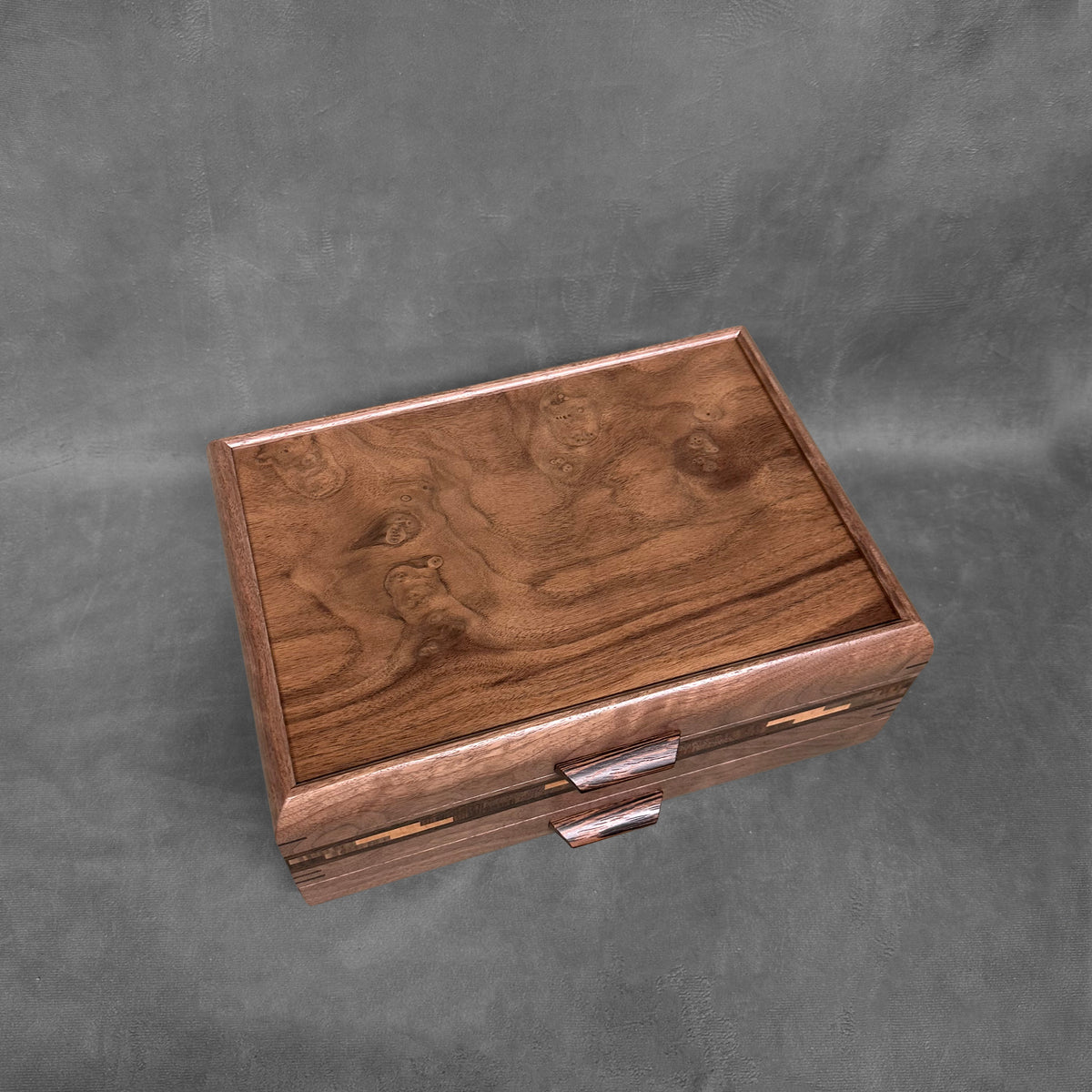 Signature Sophisticated Jewelry Chest Walnut with Walnut Lid Long Double Check in Cherry, Walnut, Bolivian Rosewood and Wenge Stripes