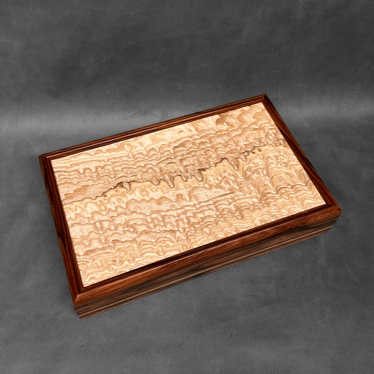 Signature Large Valet Box — Bolivian Rosewood with Tamo Ash lid Wenge and Zebrawood Stripes