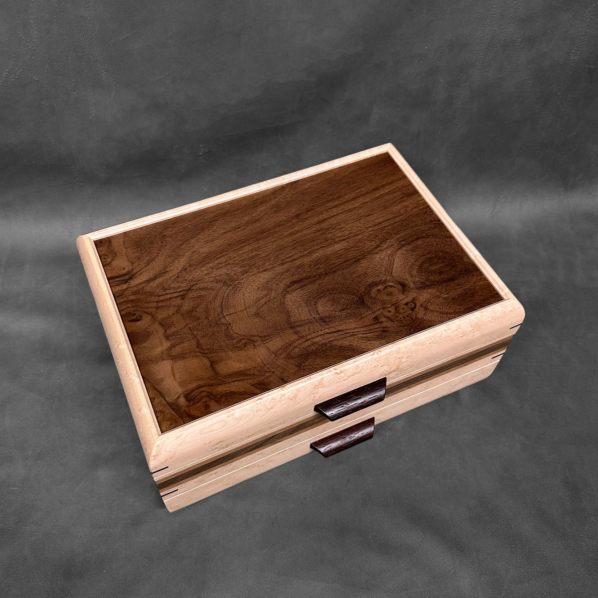 Signature Sophisticated Jewelry Chest Birdseye maple with Walnut Lid Cherry and Walnut Stripes