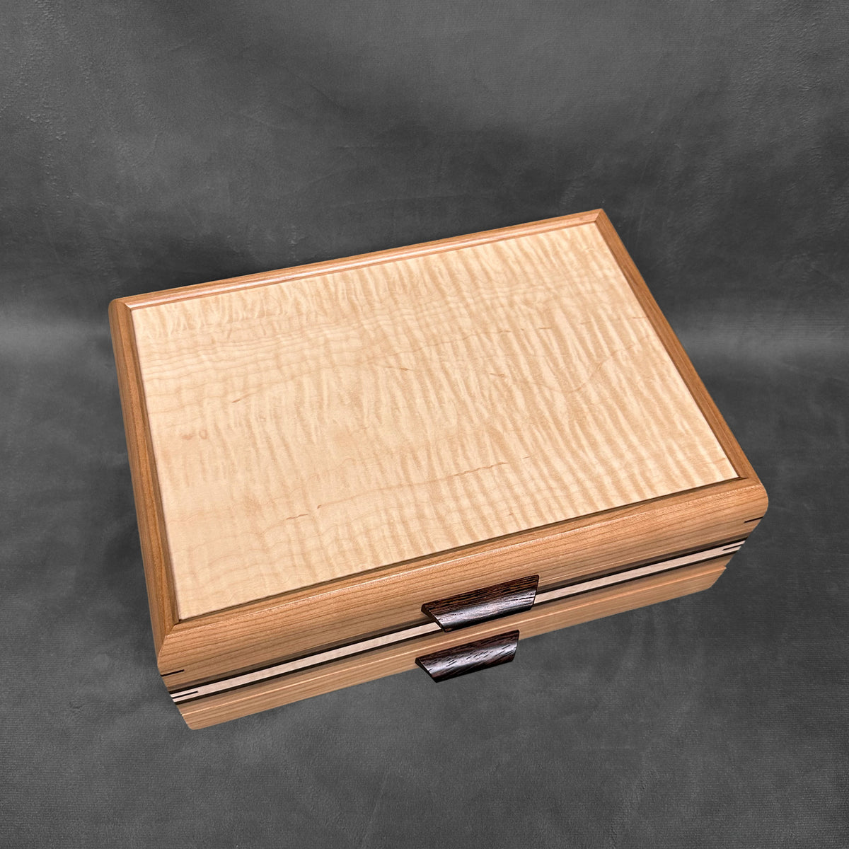 Signature Sophisticated Jewelry Chest Cherry with Curly maple lid Walnut, Wenge and Curly Maple Stripes