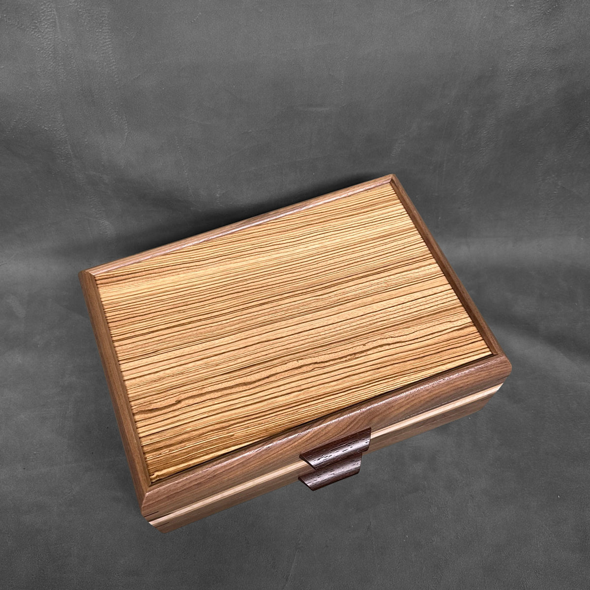 Signature Sophisticated Jewelry Chest Walnut with Zebrawood lid Curly Maple and Zebrawood Stripes